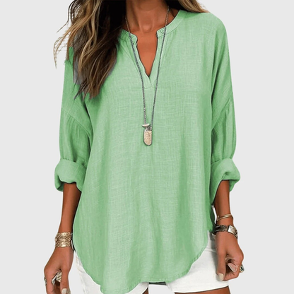 Women’s Relaxed Split-Neck Blouse – Lightweight Long-Sleeve Summer Top for Everyday Wear