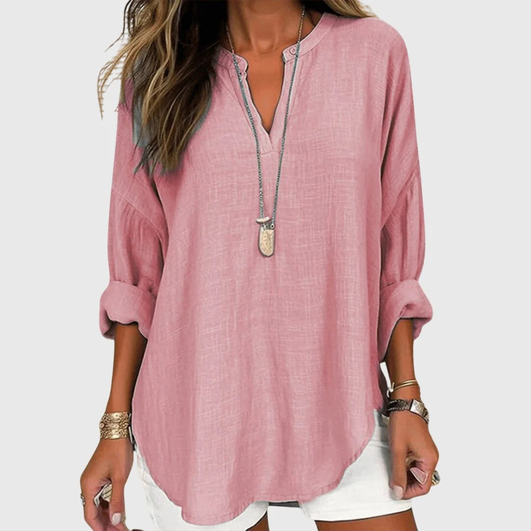 Women’s Relaxed Split-Neck Blouse – Lightweight Long-Sleeve Summer Top for Everyday Wear