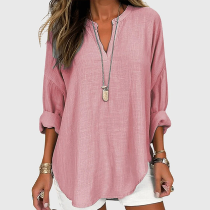 Women’s Relaxed Split-Neck Blouse – Lightweight Long-Sleeve Summer Top for Everyday Wear