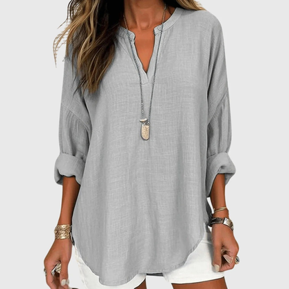Women’s Relaxed Split-Neck Blouse – Lightweight Long-Sleeve Summer Top for Everyday Wear