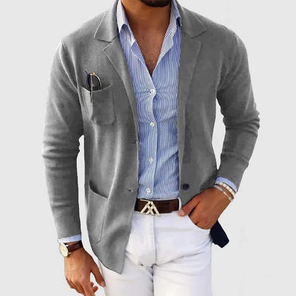 Men’s Knitted Blazer Cardigan – Lapel-Collar Button-Front Jacket with Patch Pockets for Smart Casual Layering