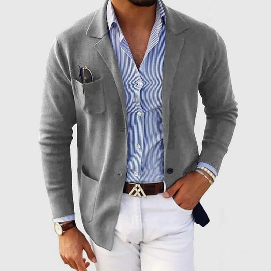 Men’s Knitted Blazer Cardigan – Lapel-Collar Button-Front Jacket with Patch Pockets for Smart Casual Layering