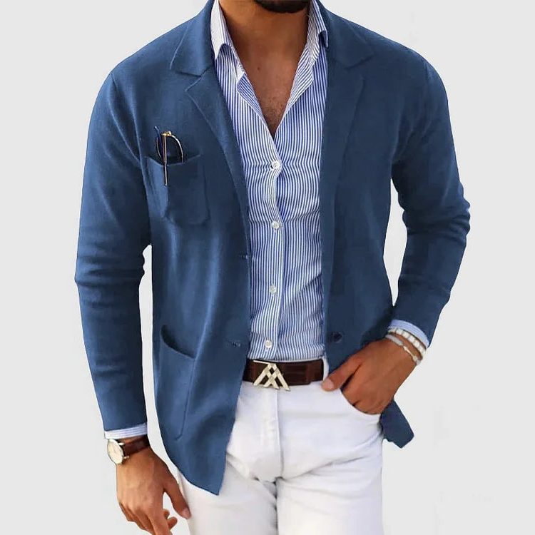 Men’s Knitted Blazer Cardigan – Lapel-Collar Button-Front Jacket with Patch Pockets for Smart Casual Layering