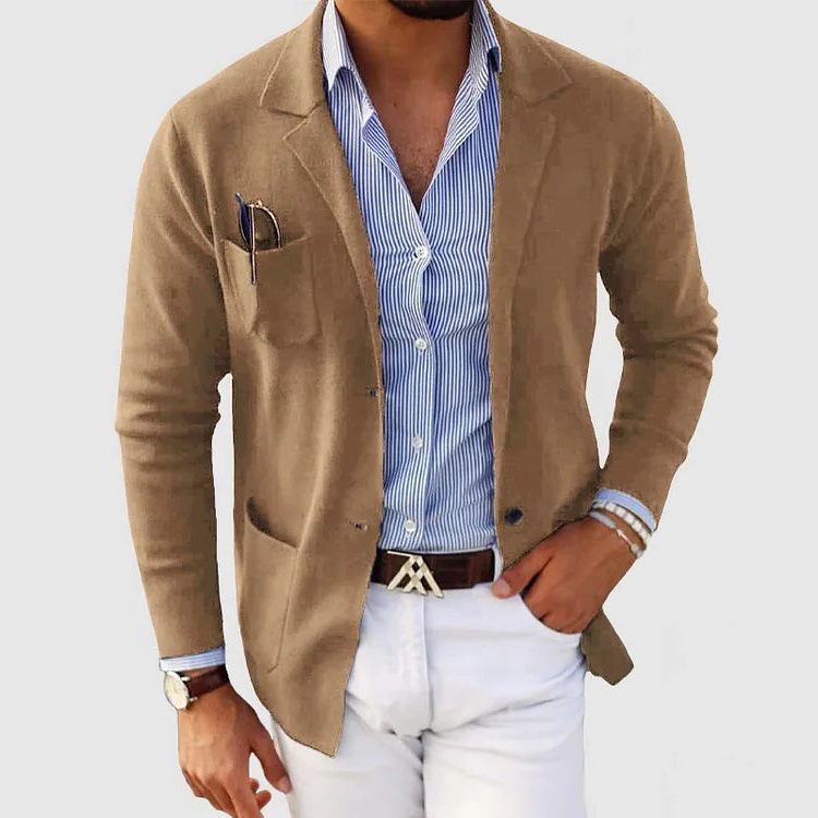 Men’s Knitted Blazer Cardigan – Lapel-Collar Button-Front Jacket with Patch Pockets for Smart Casual Layering