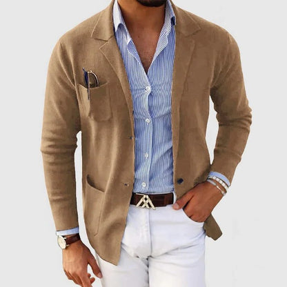 Men’s Knitted Blazer Cardigan – Lapel-Collar Button-Front Jacket with Patch Pockets for Smart Casual Layering