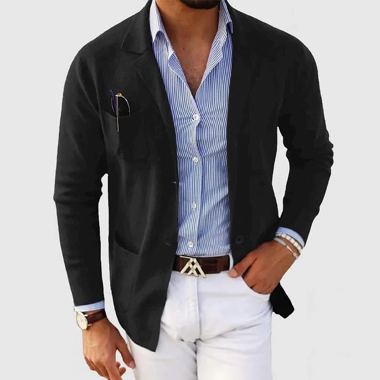 Men’s Knitted Blazer Cardigan – Lapel-Collar Button-Front Jacket with Patch Pockets for Smart Casual Layering