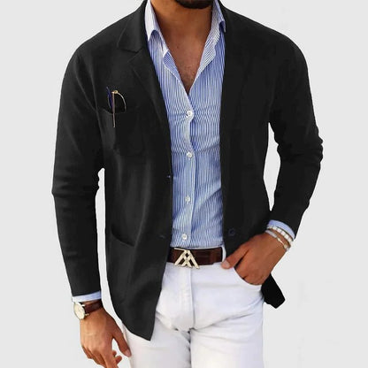 Men’s Knitted Blazer Cardigan – Lapel-Collar Button-Front Jacket with Patch Pockets for Smart Casual Layering