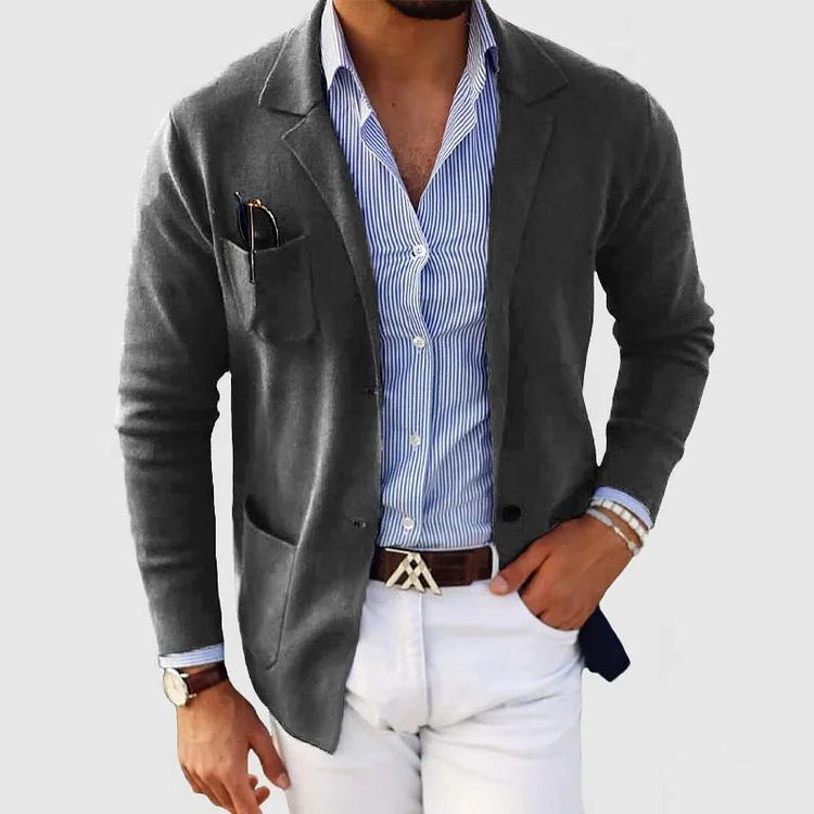 Men’s Knitted Blazer Cardigan – Lapel-Collar Button-Front Jacket with Patch Pockets for Smart Casual Layering