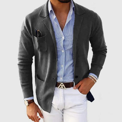 Men’s Knitted Blazer Cardigan – Lapel-Collar Button-Front Jacket with Patch Pockets for Smart Casual Layering