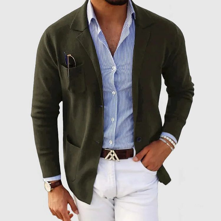Men’s Knitted Blazer Cardigan – Lapel-Collar Button-Front Jacket with Patch Pockets for Smart Casual Layering