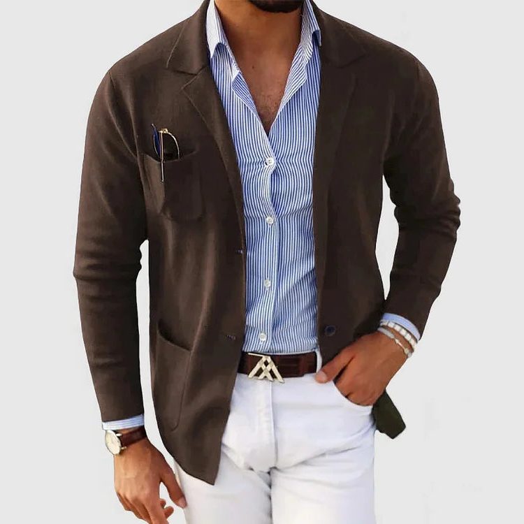 Men’s Knitted Blazer Cardigan – Lapel-Collar Button-Front Jacket with Patch Pockets for Smart Casual Layering
