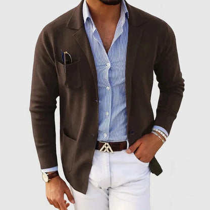 Men’s Knitted Blazer Cardigan – Lapel-Collar Button-Front Jacket with Patch Pockets for Smart Casual Layering