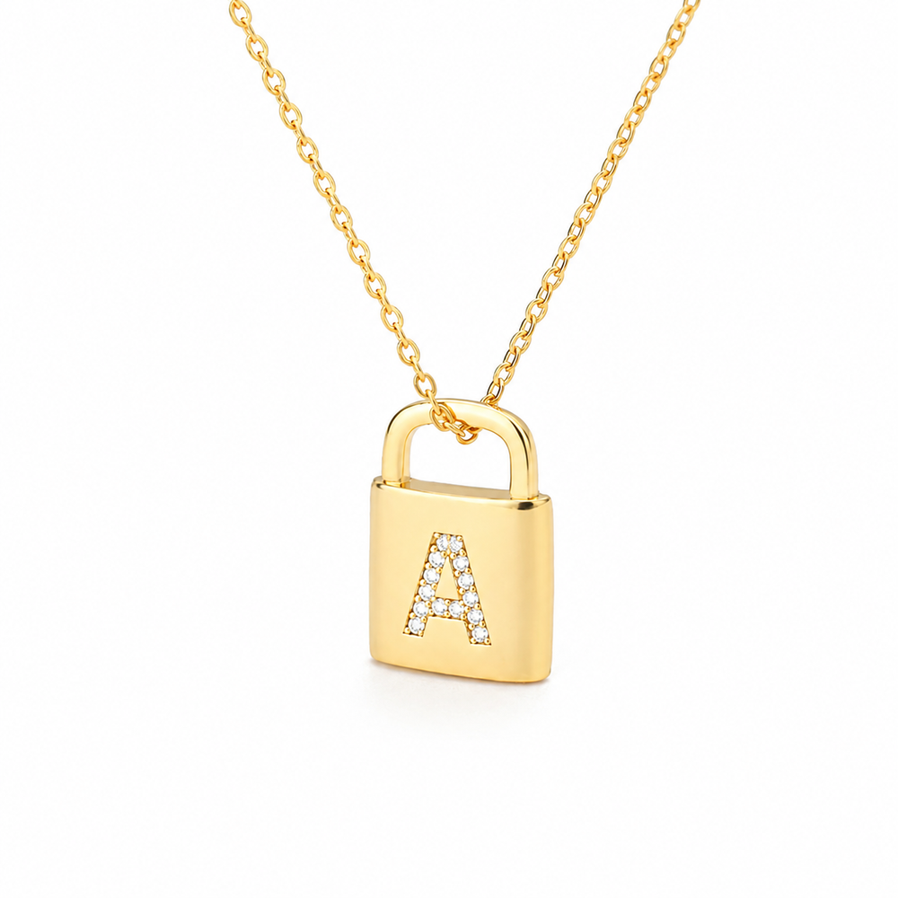 lock initial necklace on white background