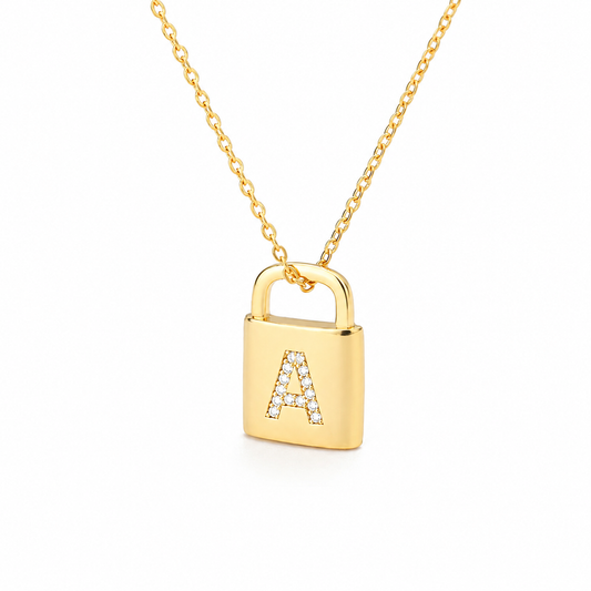 lock initial necklace on white background