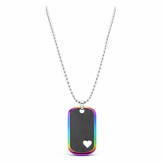 Love rainbow dog tag necklace with ball chain on white