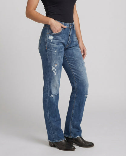 Women’s Distressed Straight-Leg Jeans – Mid-Rise Denim Trousers with Ripped Details for Casual Everyday Wear