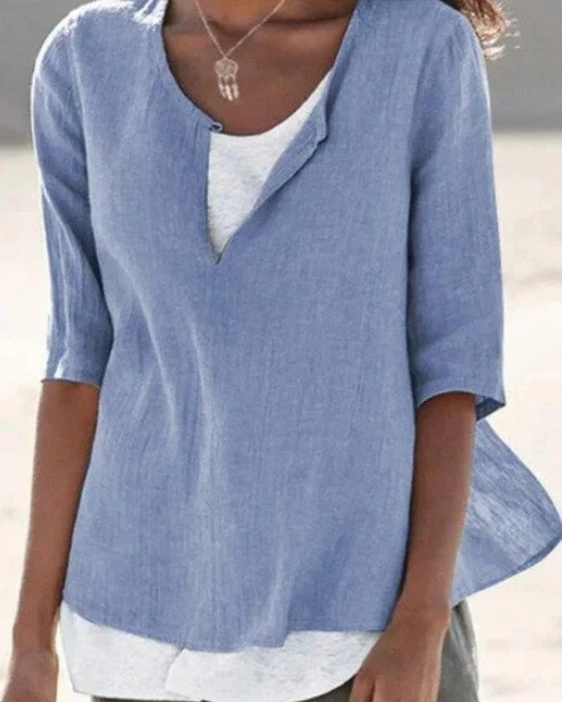 Women’s Layered Blouse – Relaxed Three-Quarter Sleeve Top for Summer and Everyday Wear