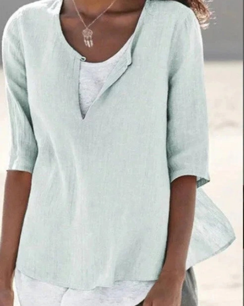 Women’s Layered Blouse – Relaxed Three-Quarter Sleeve Top for Summer and Everyday Wear