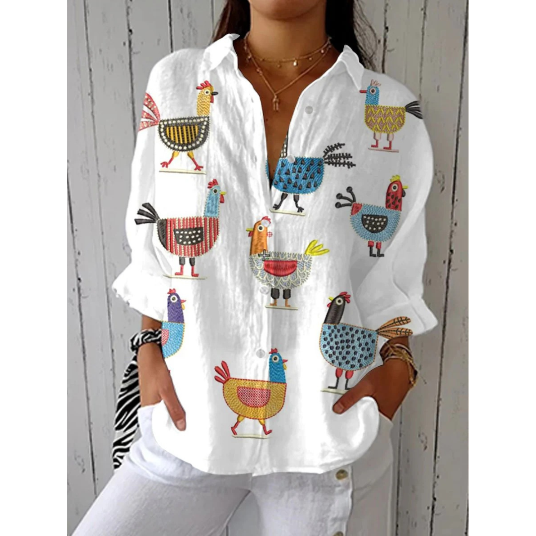 Women’s Whimsical Print Blouse – Loose Collared Top for Weekend and Travel Styling