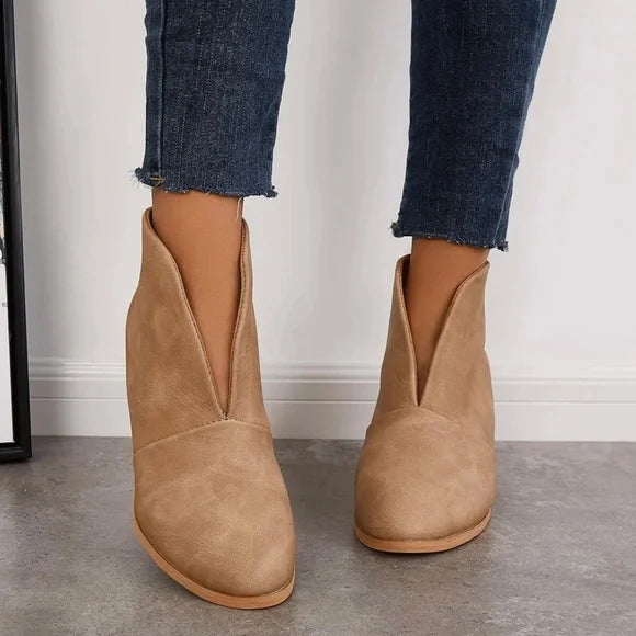 Women’s V-Cut Ankle Boots – Slip-On Low Block Heel Shoes for Casual Everyday Wear