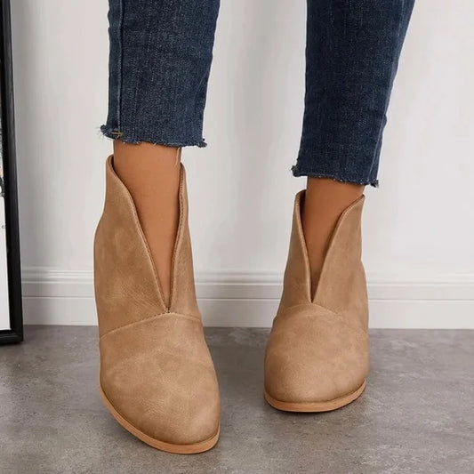 Women’s V-Cut Ankle Boots – Slip-On Low Block Heel Shoes for Casual Everyday Wear