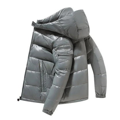 Men’s Glossy Hooded Down Puffer Jacket – Windproof Insulated Winter Outerwear for Everyday Cold-Weather Wear