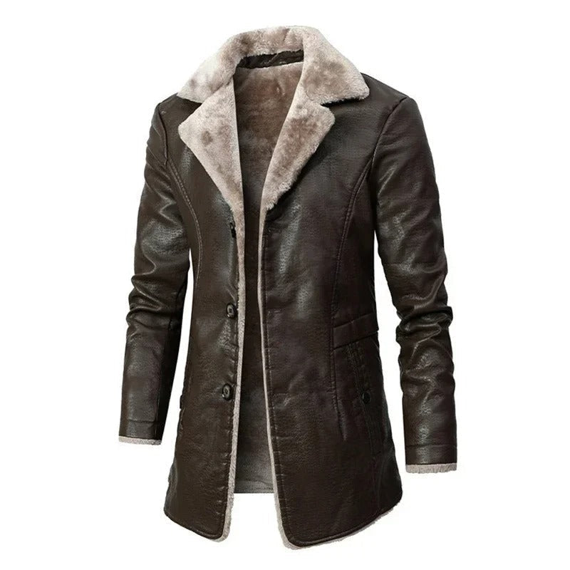 Men’s Shearling-Lined PU Leather Winter Coat – Longline Lapel Outerwear for Smart Cold-Weather Styling