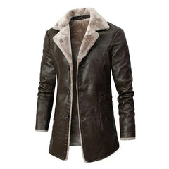 Men’s Shearling-Lined PU Leather Winter Coat – Longline Lapel Outerwear for Smart Cold-Weather Styling