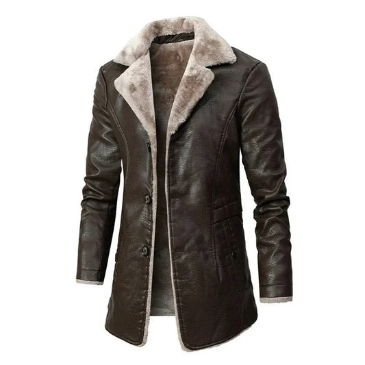 Men’s Shearling-Lined PU Leather Winter Coat – Longline Lapel Outerwear for Smart Cold-Weather Styling