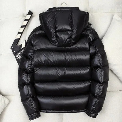 Men’s Glossy Hooded Down Puffer Jacket – Windproof Insulated Winter Outerwear for Everyday Cold-Weather Wear
