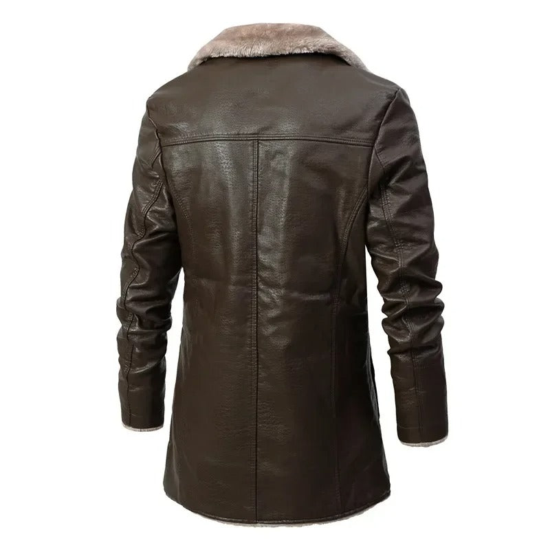 Men’s Shearling-Lined PU Leather Winter Coat – Longline Lapel Outerwear for Smart Cold-Weather Styling