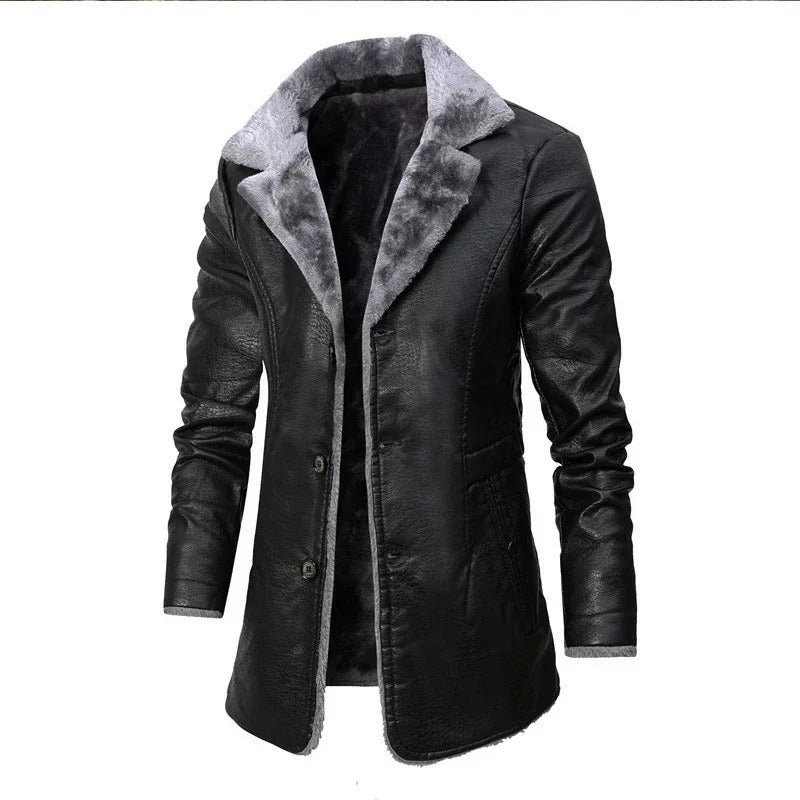 Men’s Shearling-Lined PU Leather Winter Coat – Longline Lapel Outerwear for Smart Cold-Weather Styling