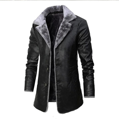 Men’s Shearling-Lined PU Leather Winter Coat – Longline Lapel Outerwear for Smart Cold-Weather Styling