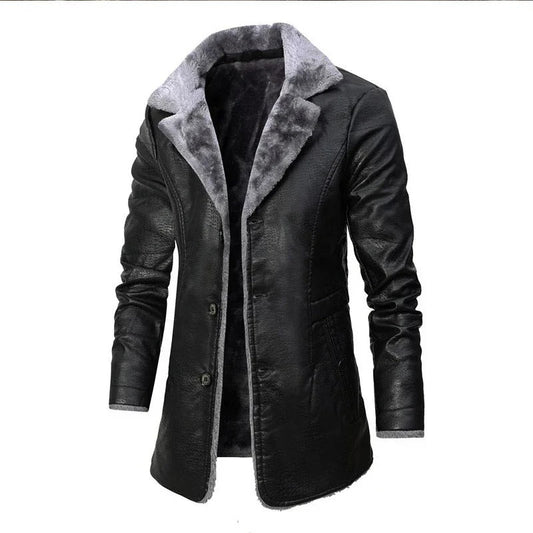 Men’s Shearling-Lined PU Leather Winter Coat – Longline Lapel Outerwear for Smart Cold-Weather Styling