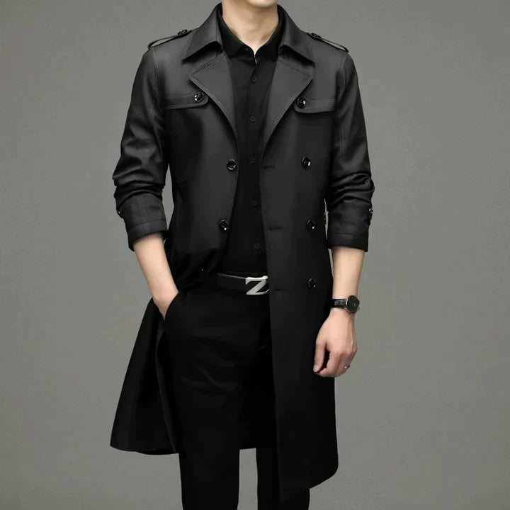 Men’s Double-Breasted Trench Coat – Longline Tailored Design with Structured Lapels and Shoulder Epaulettes