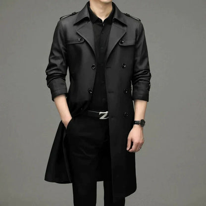 Men’s Double-Breasted Trench Coat – Longline Tailored Design with Structured Lapels and Shoulder Epaulettes