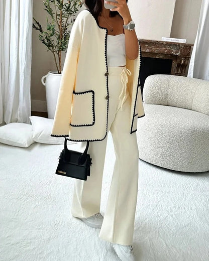 Women’s Contrast-Trim Cardigan Set – Relaxed Button-Front Jacket with Wide-Leg Trousers for Autumn Wear