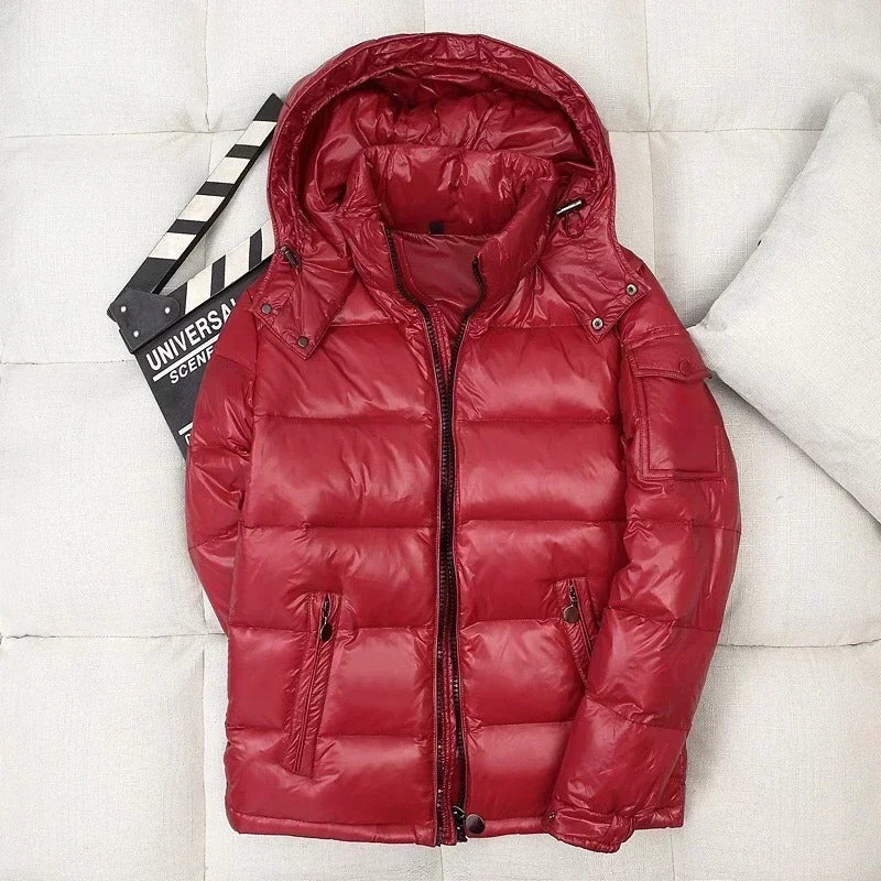 Men’s Glossy Hooded Down Puffer Jacket – Windproof Insulated Winter Outerwear for Everyday Cold-Weather Wear