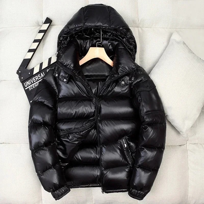 Men’s Glossy Hooded Down Puffer Jacket – Windproof Insulated Winter Outerwear for Everyday Cold-Weather Wear