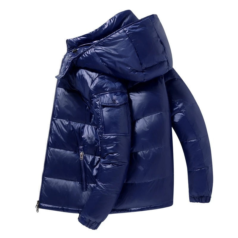 Men’s Glossy Hooded Down Puffer Jacket – Windproof Insulated Winter Outerwear for Everyday Cold-Weather Wear