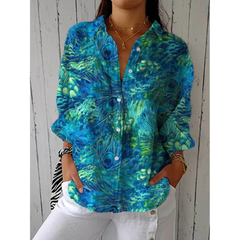 Women’s Feather Print Shirt Blouse – Relaxed Button-Up Style for Casual Everyday Wear