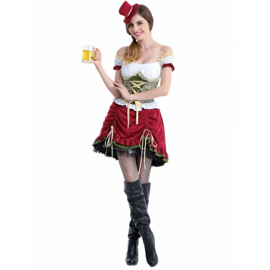Women’s Lace-Up Dirndl Dress – Off-Shoulder Oktoberfest Mini for Folk Festivals