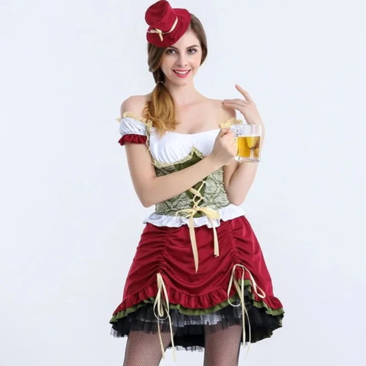 Women’s Lace-Up Dirndl Dress – Off-Shoulder Oktoberfest Mini for Folk Festivals