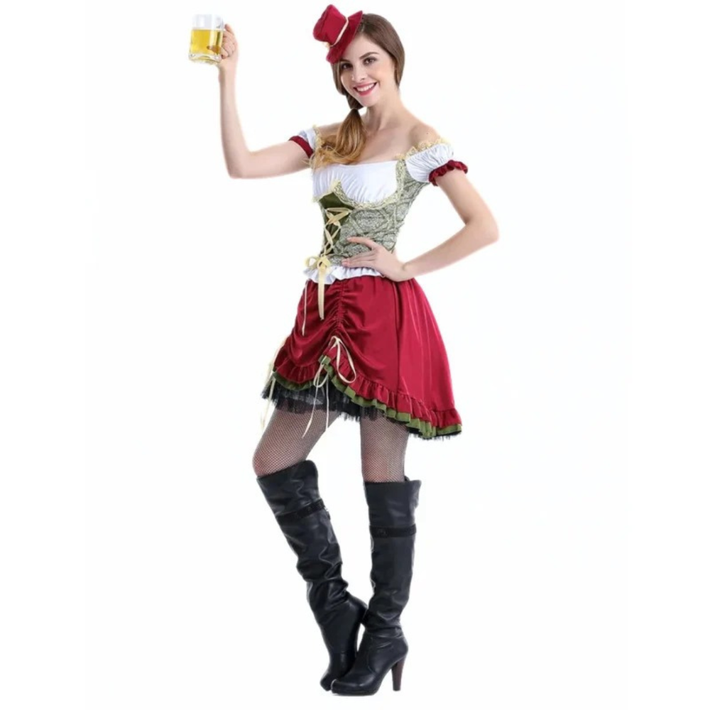 Women’s Lace-Up Dirndl Dress – Off-Shoulder Oktoberfest Mini for Folk Festivals