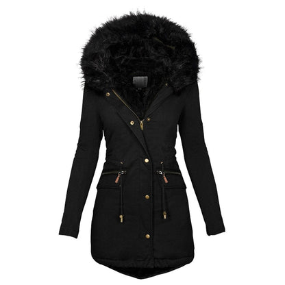 Women’s Faux-Fur Trimmed Winter Parka – Drawstring Waist Coat with Zipped Utility Pockets