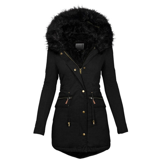 Women’s Faux-Fur Trimmed Winter Parka – Drawstring Waist Coat with Zipped Utility Pockets