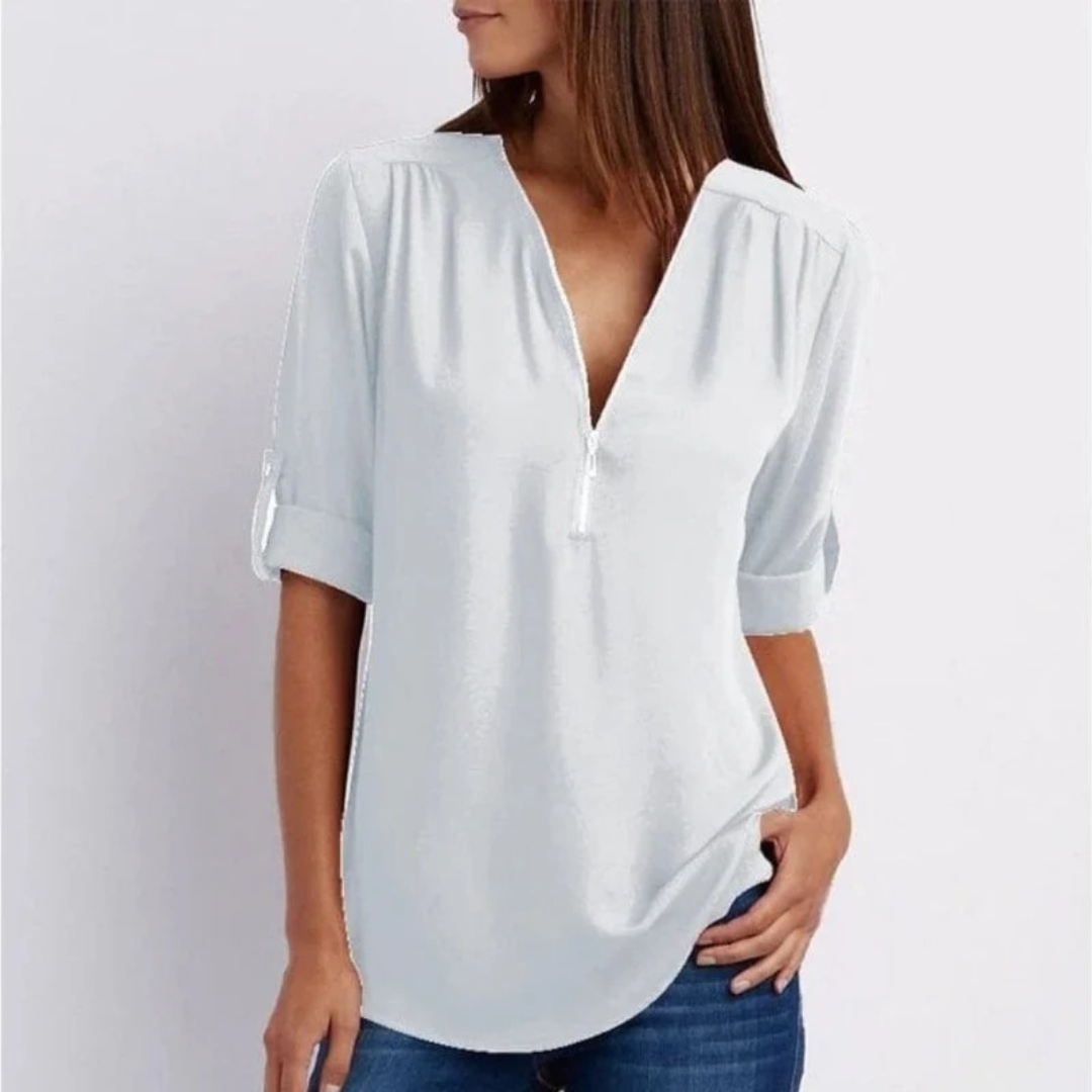 Women’s Zip V-Neck Blouse – Relaxed Roll-Sleeve Top for Spring and Summer Wear
