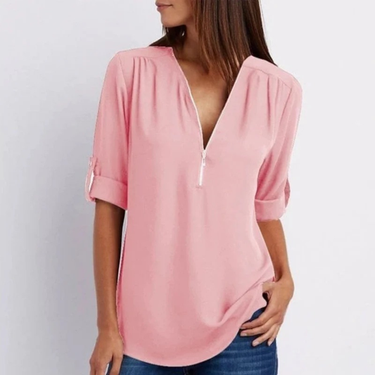 Women’s Zip V-Neck Blouse – Relaxed Roll-Sleeve Top for Spring and Summer Wear