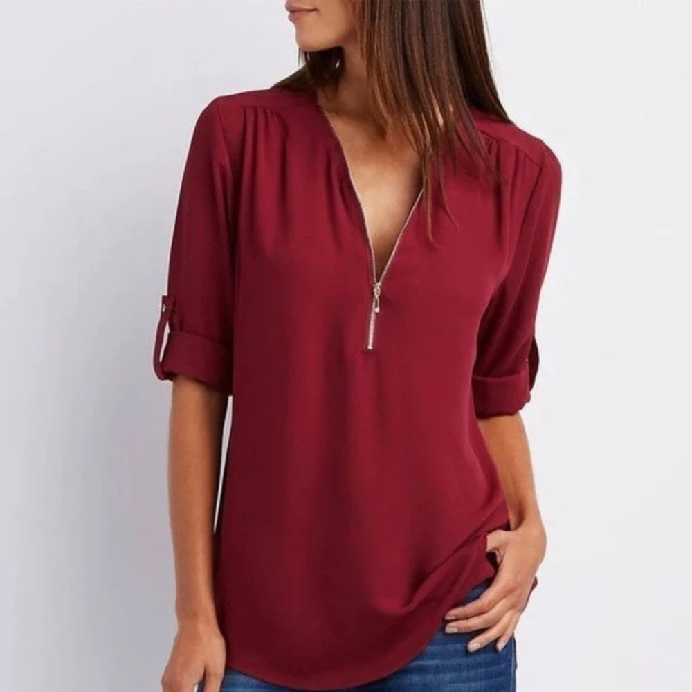 Women’s Zip V-Neck Blouse – Relaxed Roll-Sleeve Top for Spring and Summer Wear