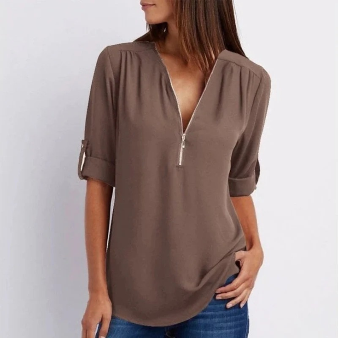 Women’s Zip V-Neck Blouse – Relaxed Roll-Sleeve Top for Spring and Summer Wear